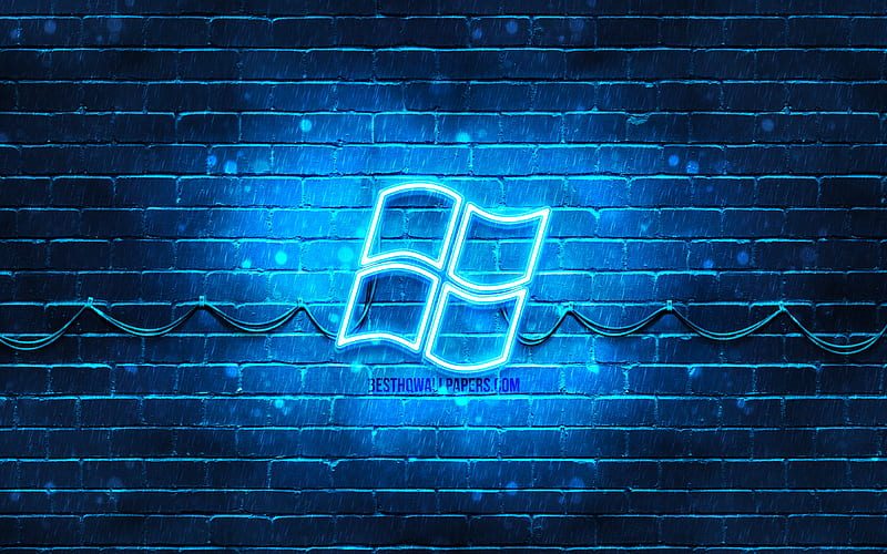 Windows blue logo blue brickwall, Windows logo, brands, Windows neon logo, Windows, HD wallpaper