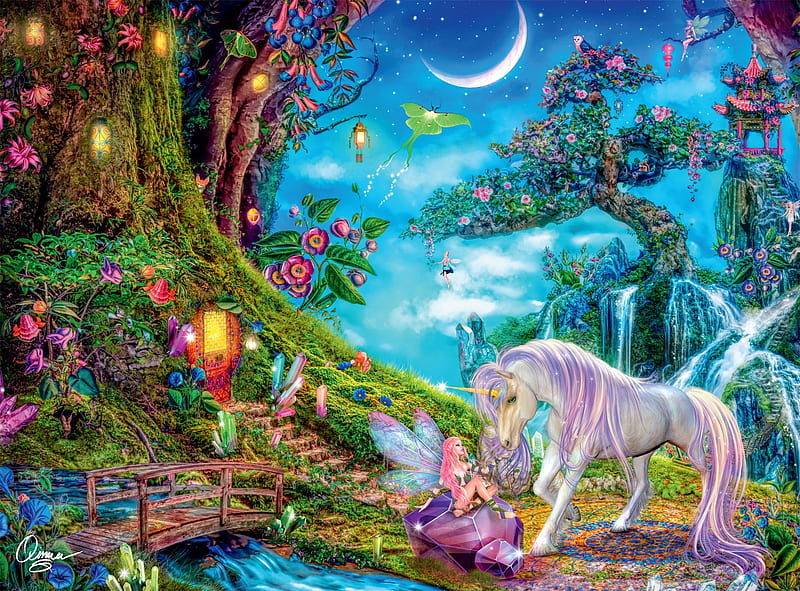 Fairies And Unicorn, unicorn, fairies, creasent, moon, puzzle, HD wallpaper