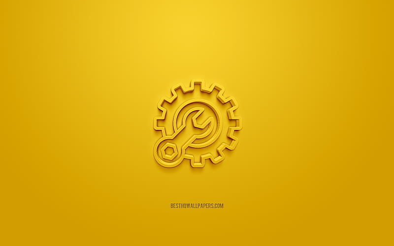 Gear 3d icon, yellow background, 3d symbols, Gear with wrench, creative 3d art, 3d icons, Gear sign, Repair 3d icons, HD wallpaper