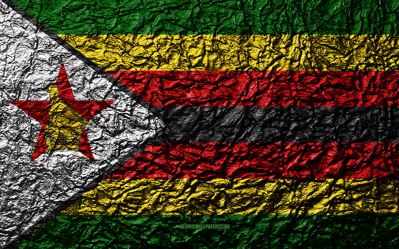 Flag of Zimbabwe stone texture, waves texture, Zimbabwe flag, national symbol, Zimbabwe, Africa, stone background, HD wallpaper