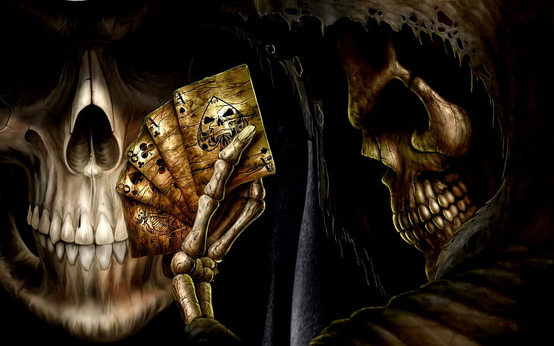 Death Meets The Reaper, skeleton, death, evil, reaper, poker, cards, dark, hand, grim, skull, HD wallpaper