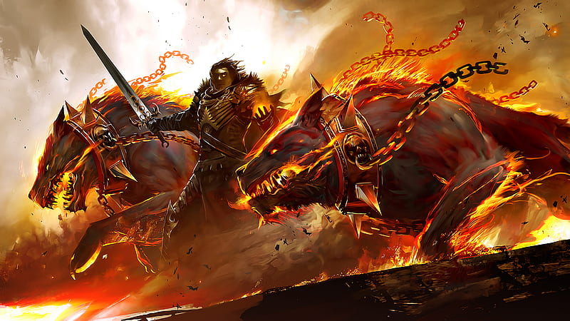 Guild Wars 2 Full , guerra, game, hell, guild wars, fire, full , warrior, summons, knight, HD wallpaper