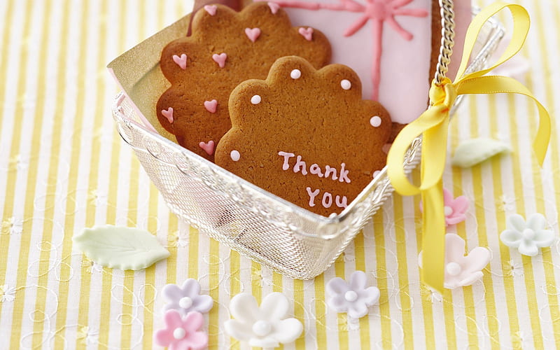 Thank You Gift, brown, lace, striped, yellow, bow, silver, flower shape, sweet, leaves, table cloth, marzaphan, pink, curves, cloth, ribbon, corazones, cookies, cute, thank you, basket, wire, white, HD wallpaper