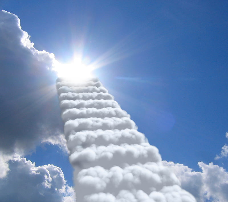 Stairs, cloud, sky, stairway, step, sun, HD wallpaper
