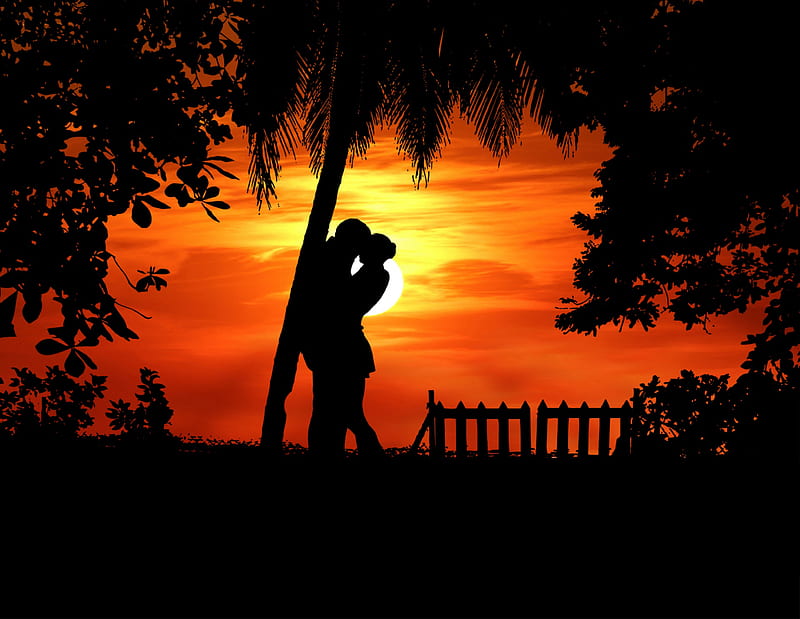 couple, silhouettes, hugs, romance, love, tropics, HD wallpaper