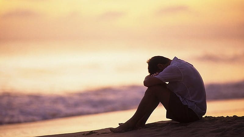 Sad Depression Man Is Sitting Alone On Beach Sand In Blur Sky Background Depression, HD wallpaper