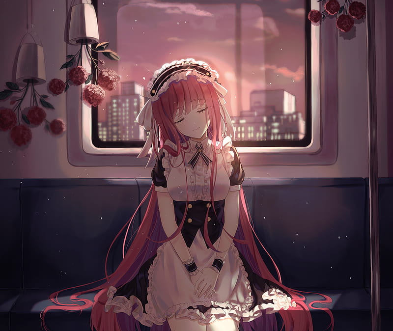 anime maid girl, sleepy, train trip, red hair, cute, Anime, HD wallpaper