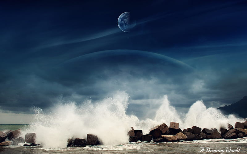 Incoming Waves, beach, rocks, full moon, ocean, waves, sky, night, HD wallpaper