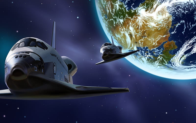7 CG illustrator cosmic space-the Earth-the space shuttle, HD wallpaper