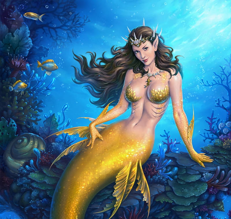Mermaid, candra, golden, siren, blue, underwater, fish, peste, yellow, fantasy, vara, girl, summer, HD wallpaper