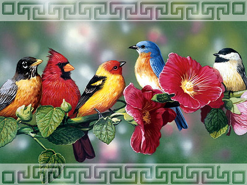 Songbirds and Hollyhock F2, art, artwork, hollyhock, animal, bill vanderdasson, bird, avian, vanderdasson, painting, wildlife, flower, HD wallpaper