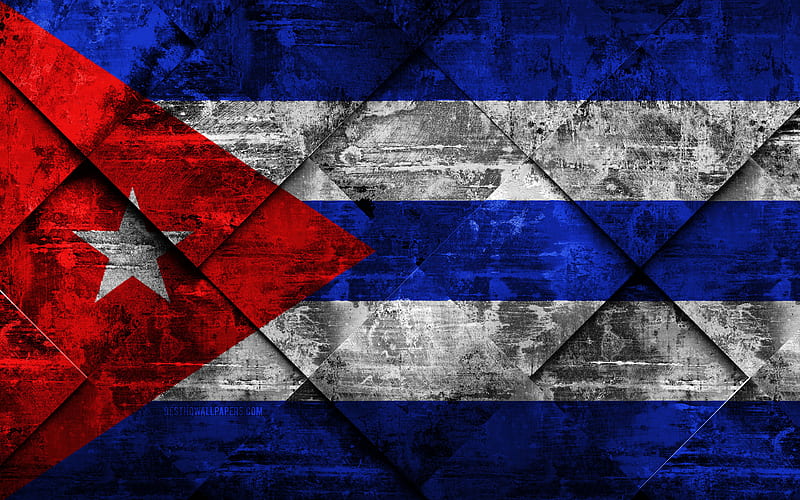 Flag of Cuba grunge art, rhombus grunge texture, Cuban flag, North America, national symbols, Cuba, creative art, HD wallpaper