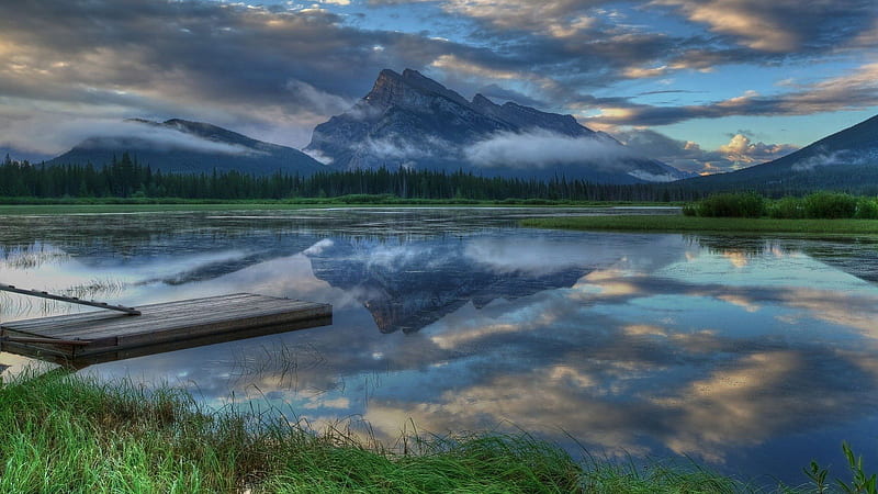 magnificent lakescape r, forest, mountains, r, reflection, clouds, lake, float dock, HD wallpaper