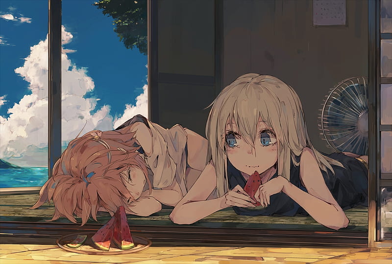 Premium AI Image | Anime boy eating a slice of watermelon in front of a  window generative ai