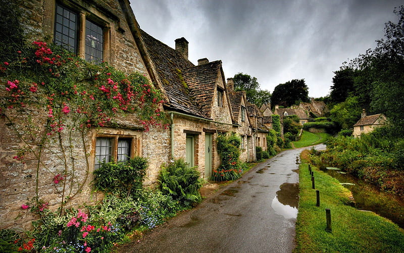 After the Rain, after, rain, cottage, street, HD wallpaper