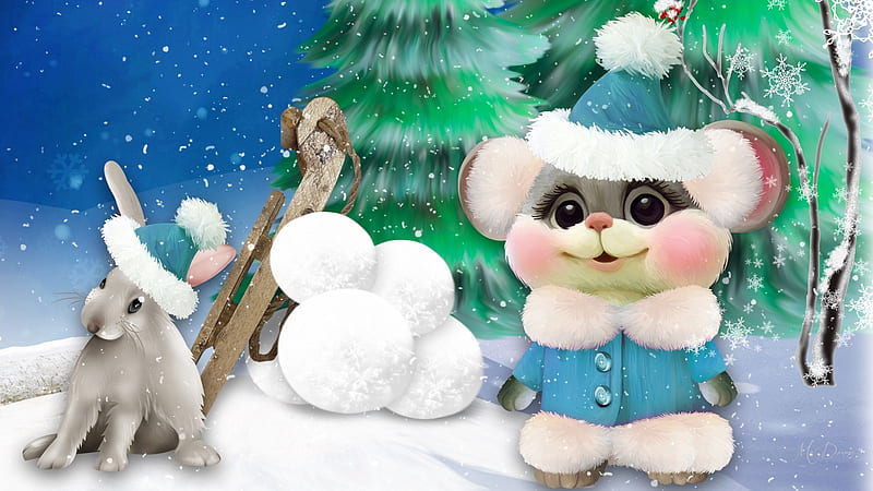 Winter Mouse and Rabbit, cute, rabbit, snow, mouse, snowballs, bunny, trees, winter, HD wallpaper