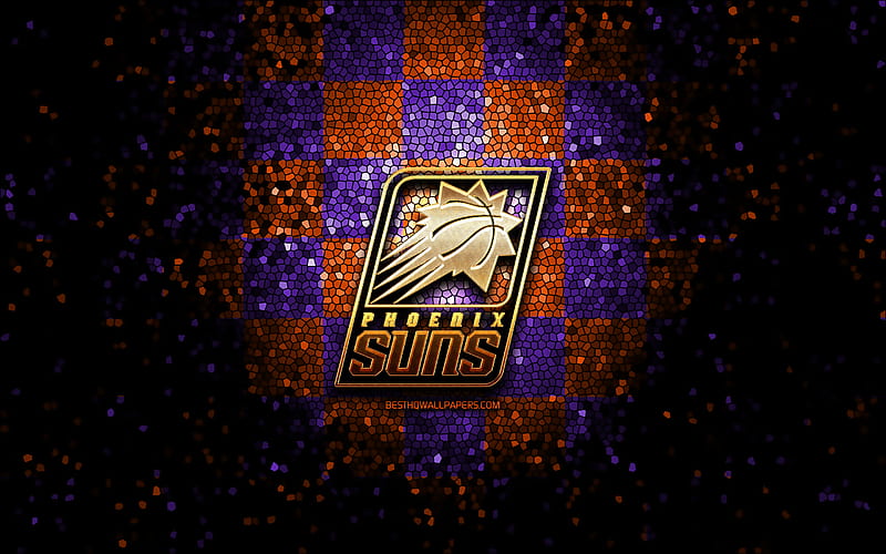 Phoenix Suns, glitter logo, NBA, orange violet checkered background, USA, american basketball team, mosaic art, basketball, America, HD wallpaper
