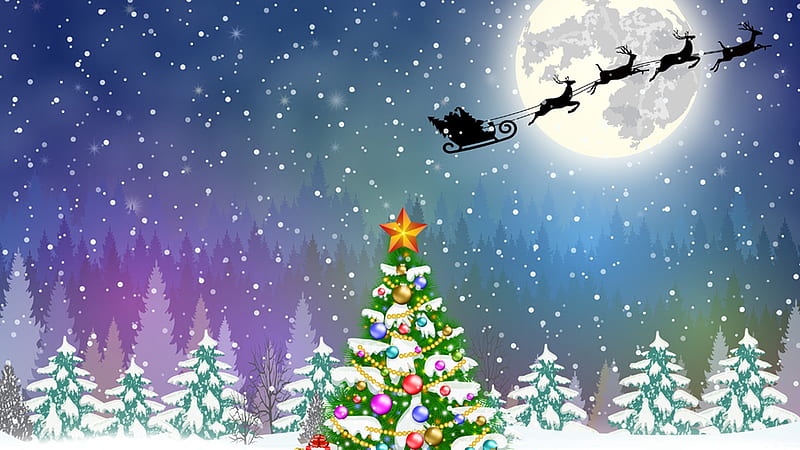 Christmas Scene, Christmas, snow, Feliz Navidad, Santa Claus and reindeer, trees, winter, HD wallpaper