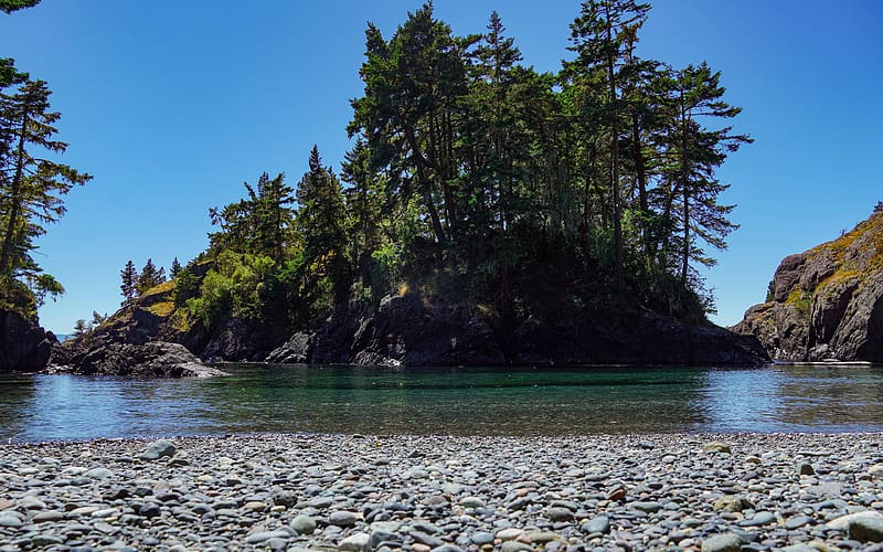 Secluded beach at East Sooke Regional Park, BC, Canada, trees, sky, water, stones, rocks, HD wallpaper