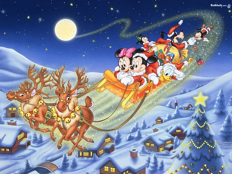 Disney Christmas, cartoons, christmas, snow, mikey mouse, presents, cartoon, animacion, winter, HD wallpaper