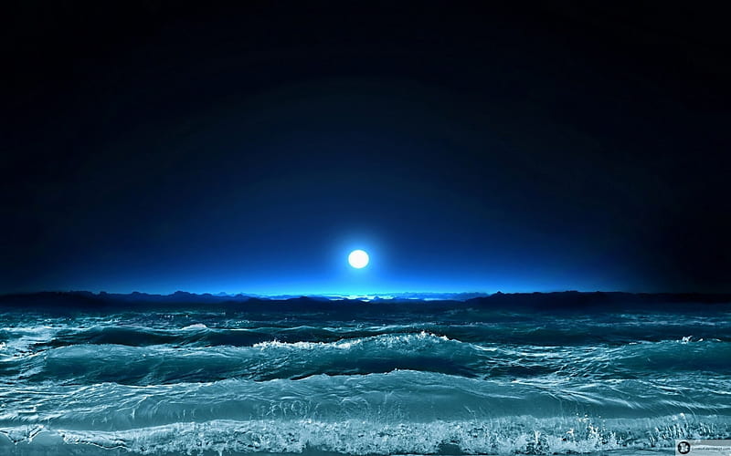 Night over the sea, moon, nature, sea, night, wave, HD wallpaper