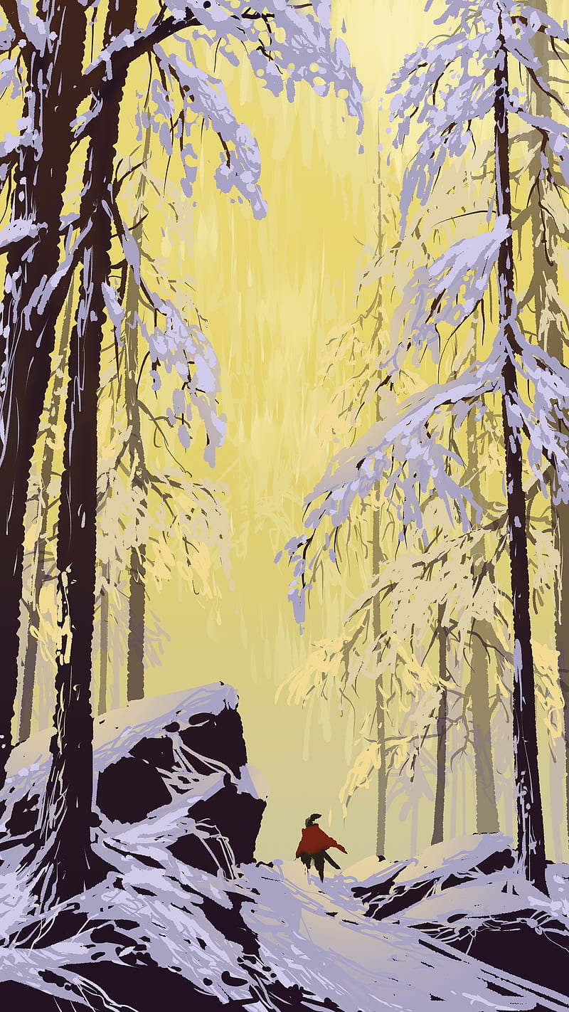 trees, rocks, snow, silhouette, art, HD phone wallpaper
