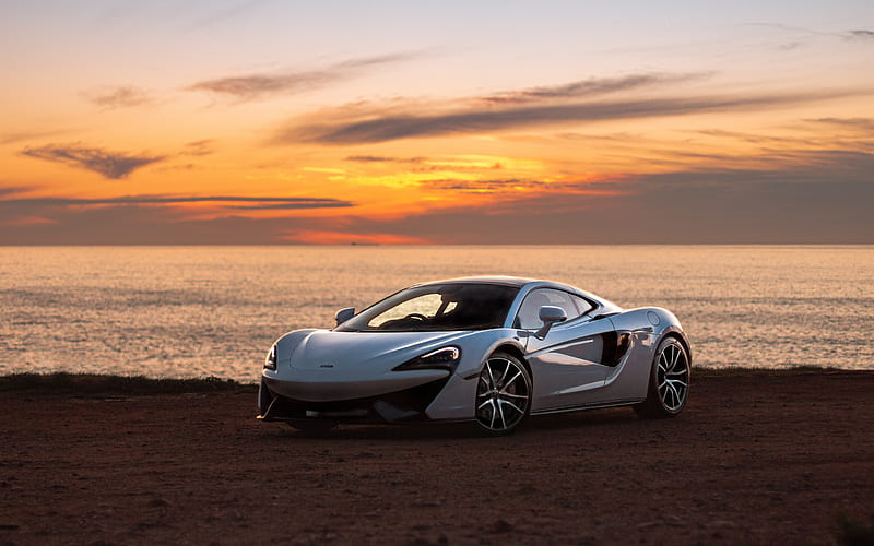 Mclaren 570GT, 2020, hypercar, front view, sunset, evening, new white 570GT, British sports cars, Mclaren, HD wallpaper