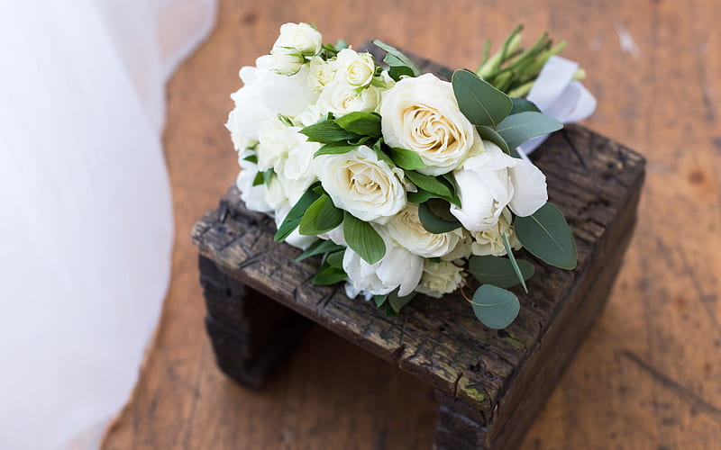 white roses, wedding bouquet, wooden box, beautiful white flowers, wedding concepts, HD wallpaper