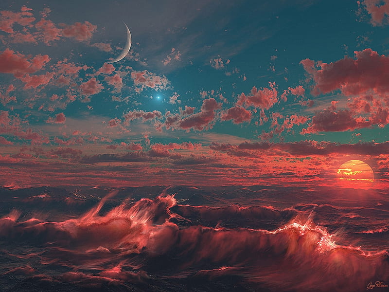 Sun and moon, red, cloud, sun, luminos, soare, orange, moon, sea, fantasy, water, moon, blue, HD wallpaper