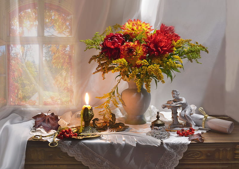 ❤️, Flowers, Window, Autumn, Candle, Napkin, HD wallpaper