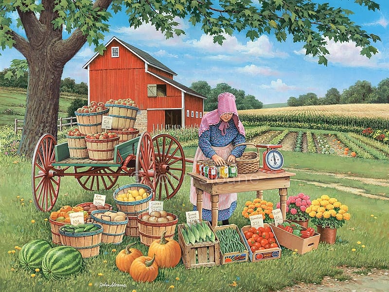 The Fruits of Her Labour , barn, cart, melons, pumpkins, painting, tree, HD wallpaper
