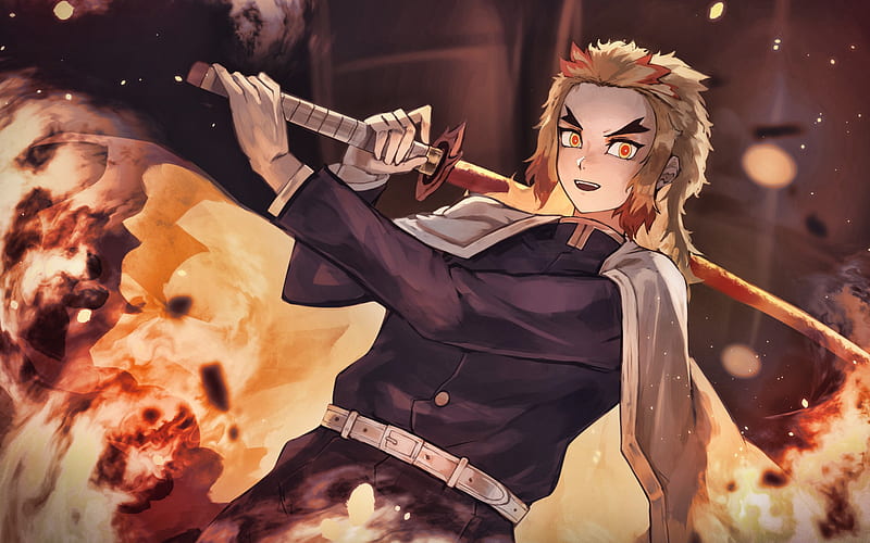 Kyojuro Rengoku With Sword Battle Demon Hunter Kimetsu No Yaiba Demon Slayers Hd Wallpaper Peakpx