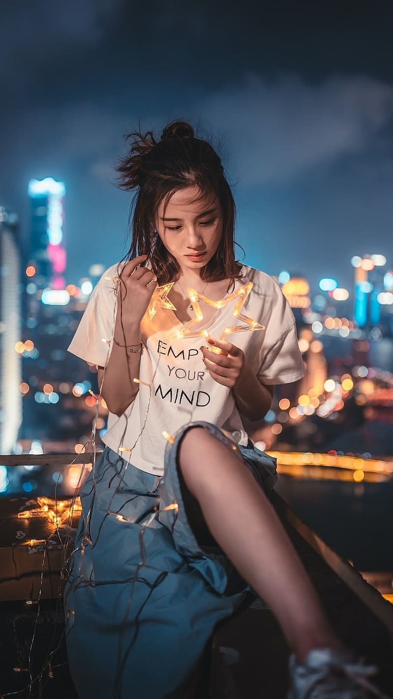 Cute Korean Girl, Dark Clouds Background, citylights, HD phone wallpaper