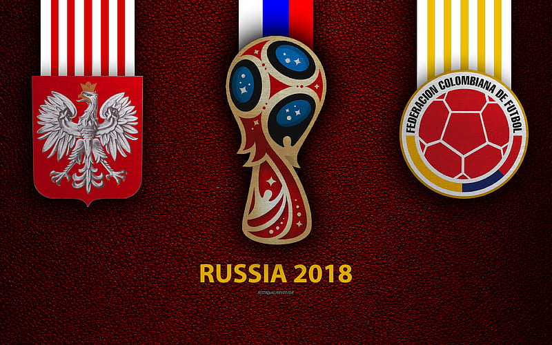 Poland vs Colombia Group H, football, 26 June 2018, Kazan Arena, logos, 2018 FIFA World Cup, Russia 2018, burgundy leather texture, Russia 2018 logo, cup, Poland, Colombia, national teams, football match, HD wallpaper