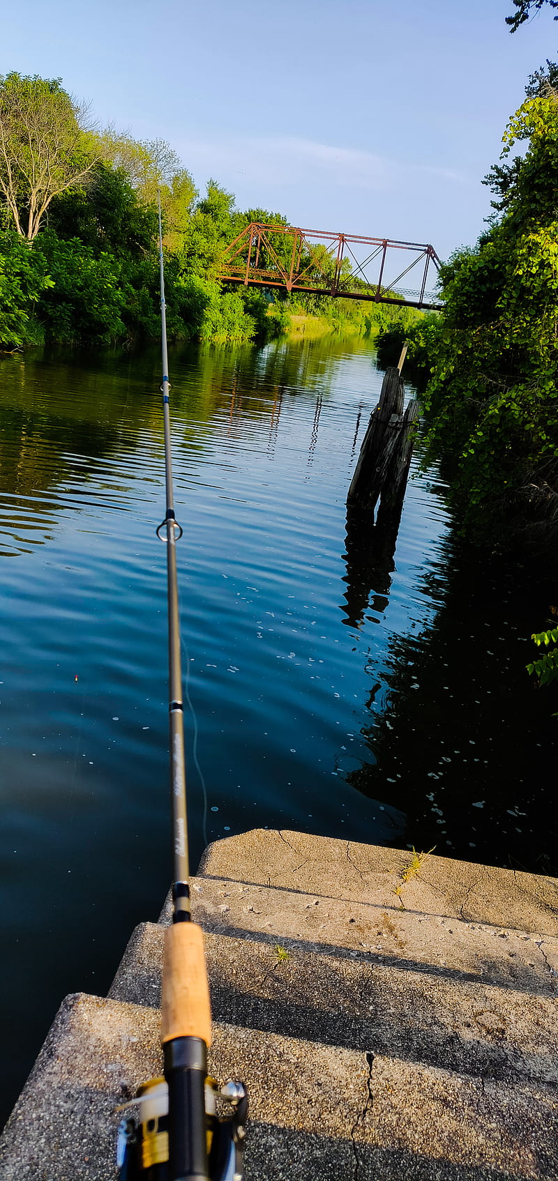 Fishing on the Lock, bridge, channel, fishing, illinois, lock, water, HD phone wallpaper