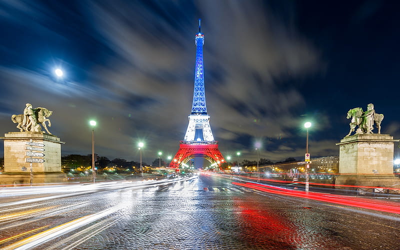 Eiffel Tower, Paris, flag of France, evening, city lights, France, HD wallpaper