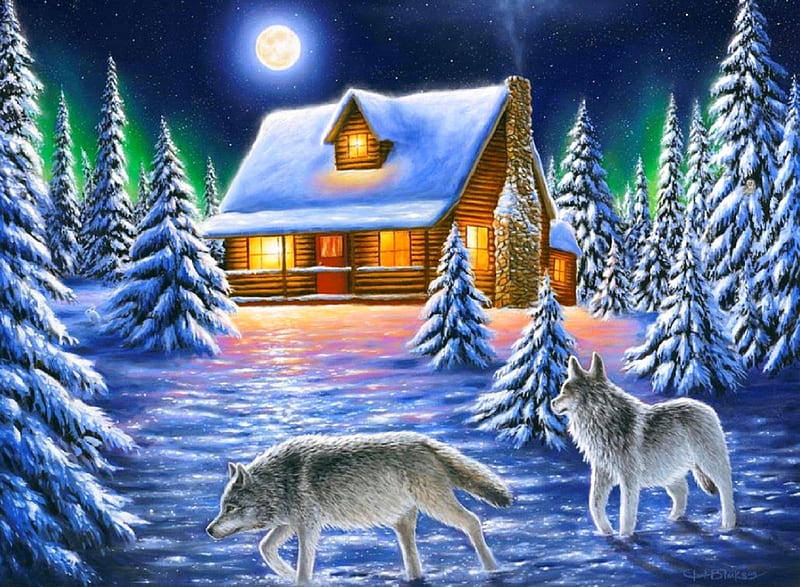 Nighttime Prowl, moons, Christmas, cottages, holidays, love four seasons, attractions in dreams, xmas and new year, winter, paintings, snow, winter holidays, nature, wolves, HD wallpaper