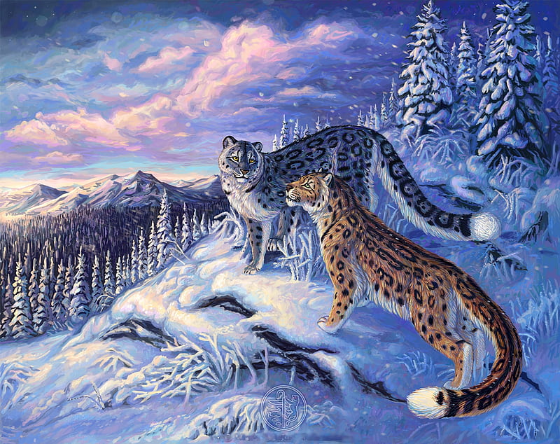 Exotic Winter, sky, clouds, artwork, firs, predators, snow, mountains, painting, cats, HD wallpaper