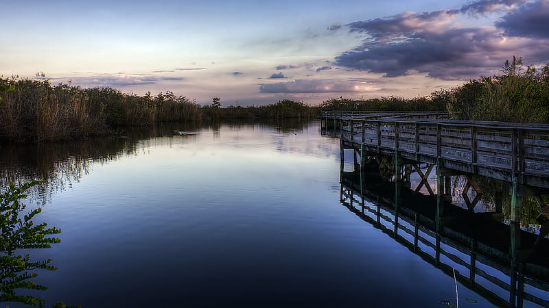 Everglades, sun, sunset, sky, clouds, lake, epic, water, bridge, liquitech, fields, river, HD wallpaper