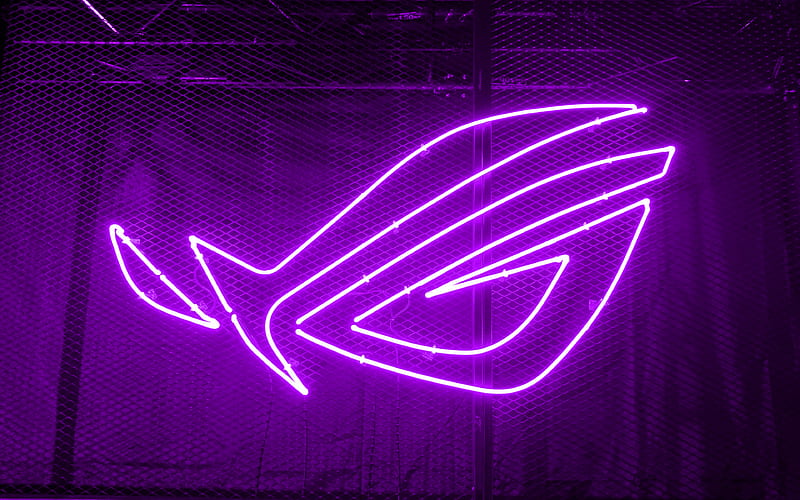 RoG violet logo, 3D art, Republic of Gamers, metal grid background, RoG neon logo, ASUS, creative, RoG, HD wallpaper