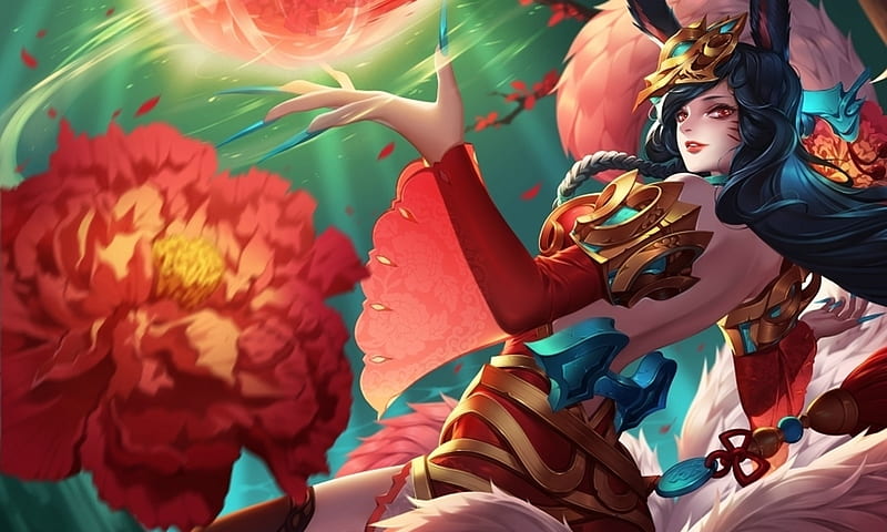 Ahri Jade, lol, ahri, red, luminos, citemer, game, fantasy, jade, fox ...