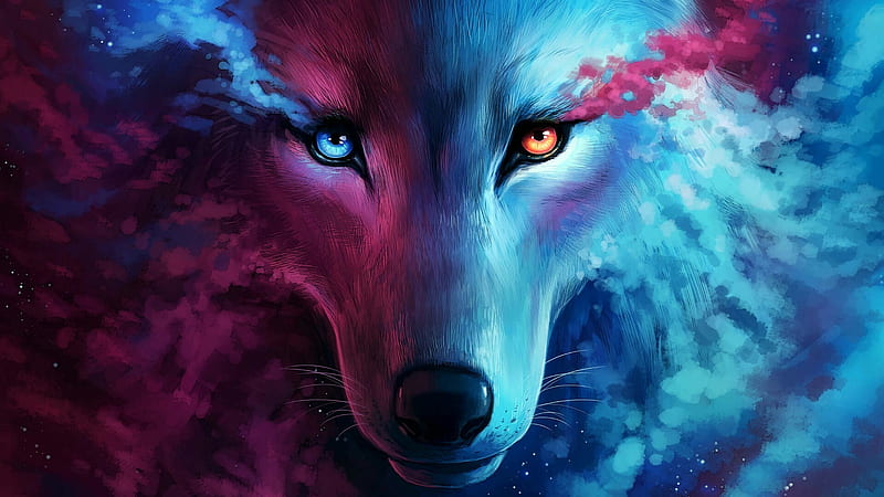 Fantastic wolf, pink, blue, fantasy, luminos, lup, wolf, eyes, HD wallpaper
