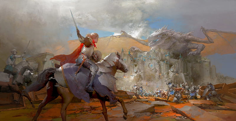 Knight, horse, art, fantasy, luminos, ruan jia, man, HD wallpaper