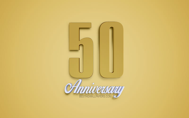 50th Anniversary sign, 3d anniversary symbols, golden 3d digits, 50th Anniversary, golden background, 3d creative art, 50 Years Anniversary, HD wallpaper