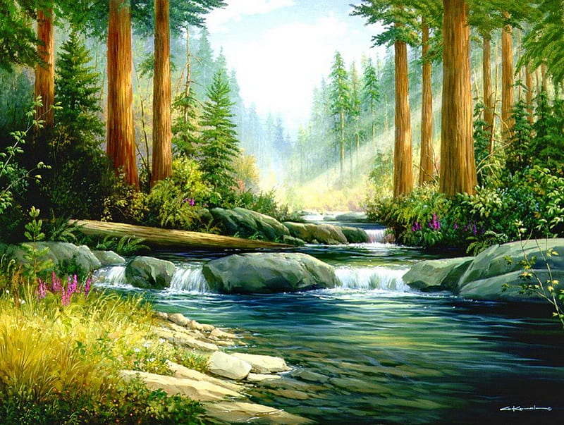 Forest stream, stream, shore, sunny, cascades, stones, painting, flowers, river, art, forest, quiet, calmness, creek, trees, water, serenity, rays, peaceful, summer, nature, HD wallpaper