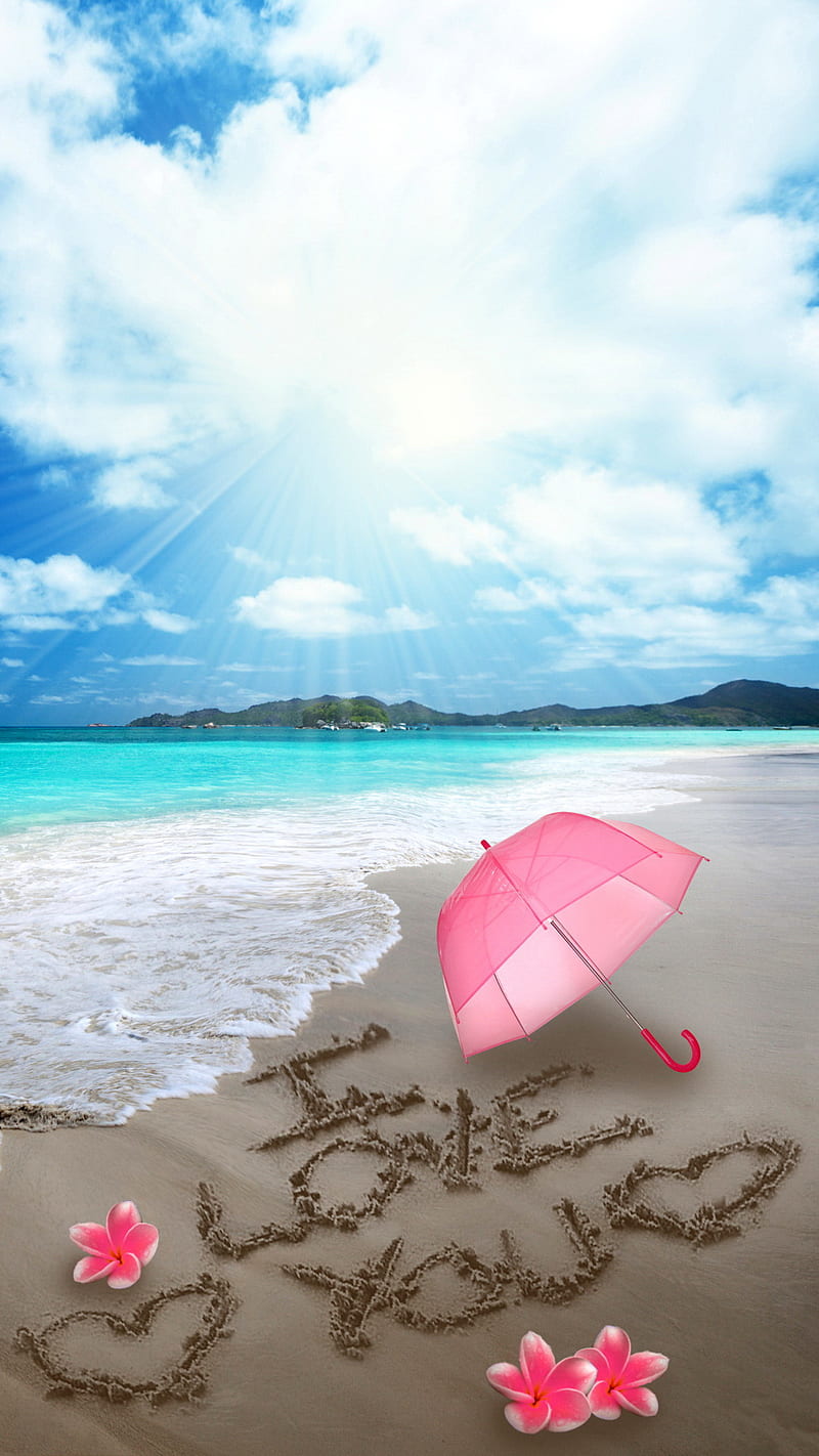 I Love You, beach, heart, plumeria, romantic, sand, sea, umbrella, HD phone wallpaper