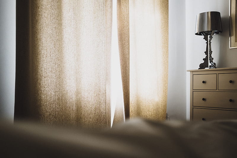 brown window curtain near dresser and table lamp, HD wallpaper