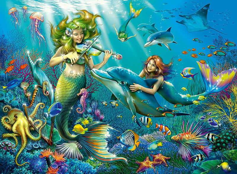 1920x1080px, 1080P free download | Mermaids, underwater, violin ...