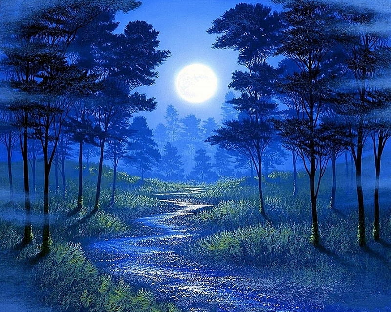 Forest Full Moon, moons, love four seasons, attractions in dreams, trees, paintings, paradise, summer, nature, forests, blue, HD wallpaper