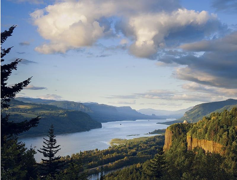 Columbia River Gorge, forest, water, tower, trees, clouds, sky, landscape, HD wallpaper